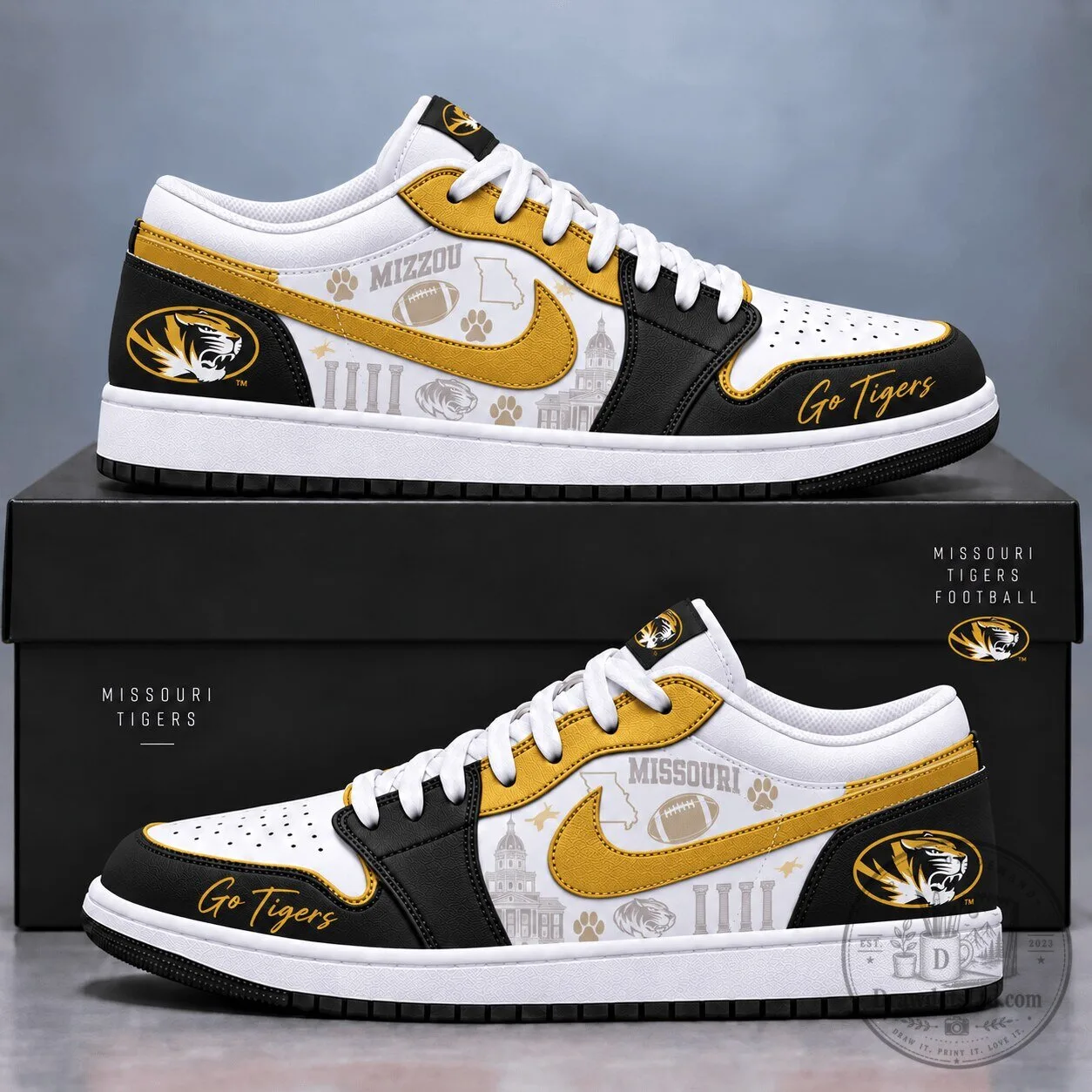 Missouri Tigers Football Team Logo Pattern White and Gold Athletic Shoes