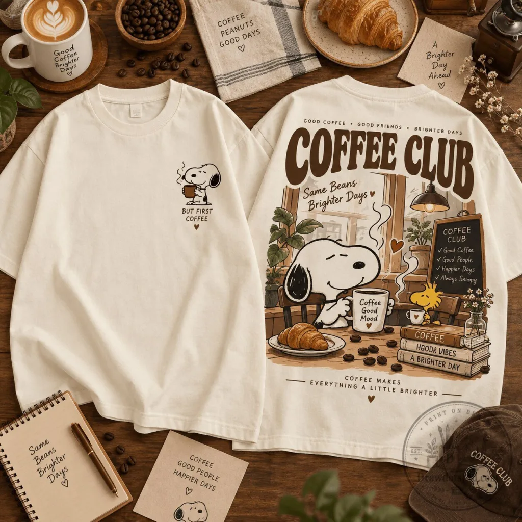 Snoopy Coffee Club Retro Peanuts Cartoon Character Graphic T-Shirt Snoopy Coffee Club Retro Peanuts Cartoon Character Graphic T-Shirt