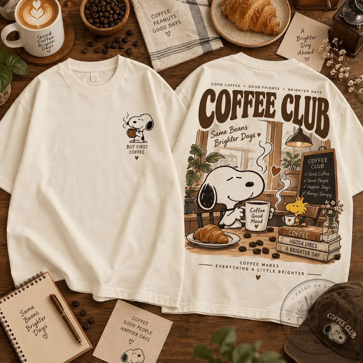 Snoopy Coffee Club Retro Peanuts Cartoon Character Graphic T-Shirt