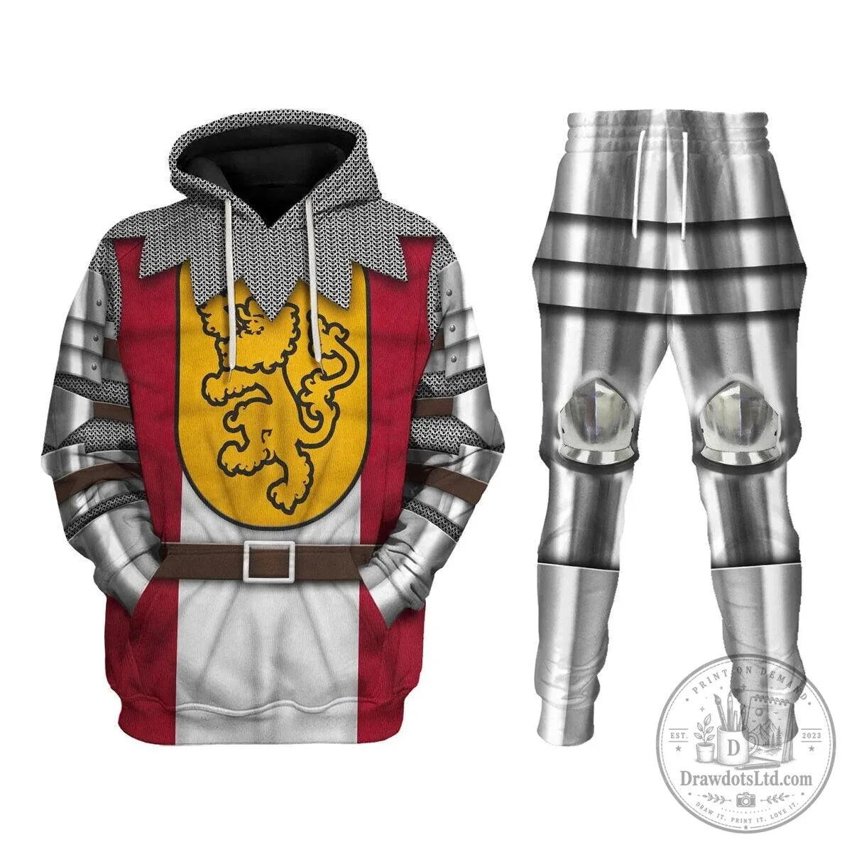Medieval Knight Armor Suit of Armor Lion Crest Costume Hoodie and Pants Set