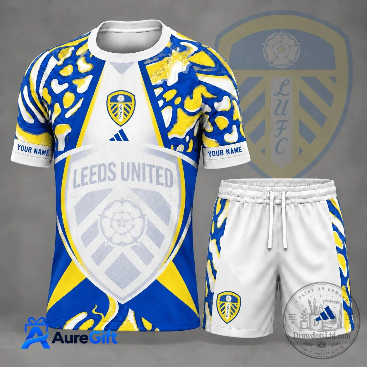 Leeds United Football Club Personalized White and Blue Kit Set
