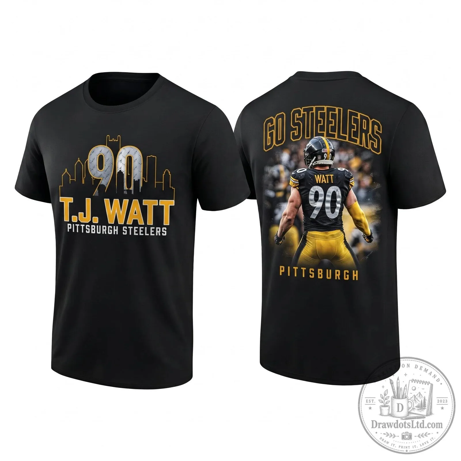 Black T-Shirt featuring TJ Watt, Number 90, for Pittsburgh Steelers Fans - Go Steelers!