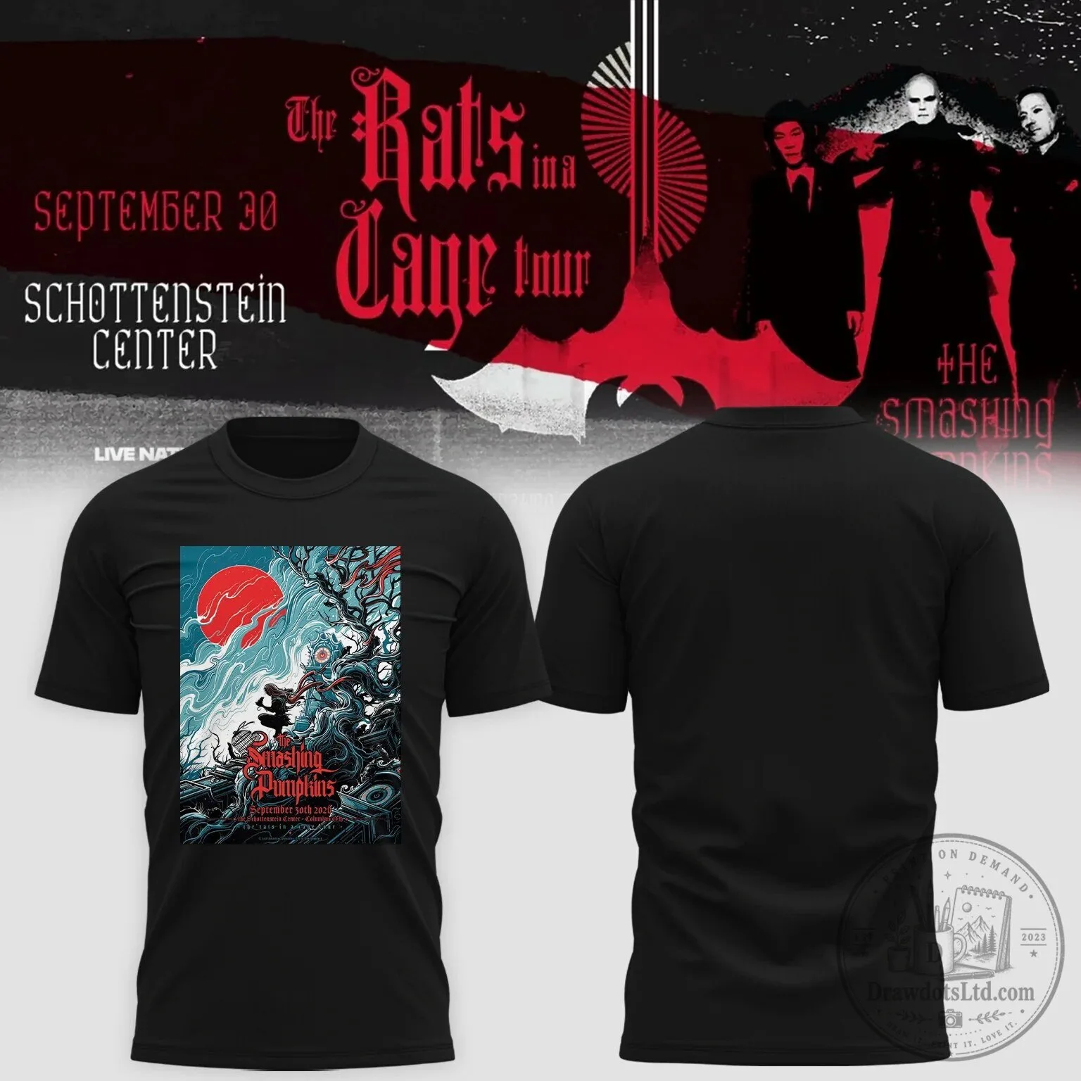 Black T-Shirt with Concert Poster of The Smashing Pumpkins Rats in a Cage Tour