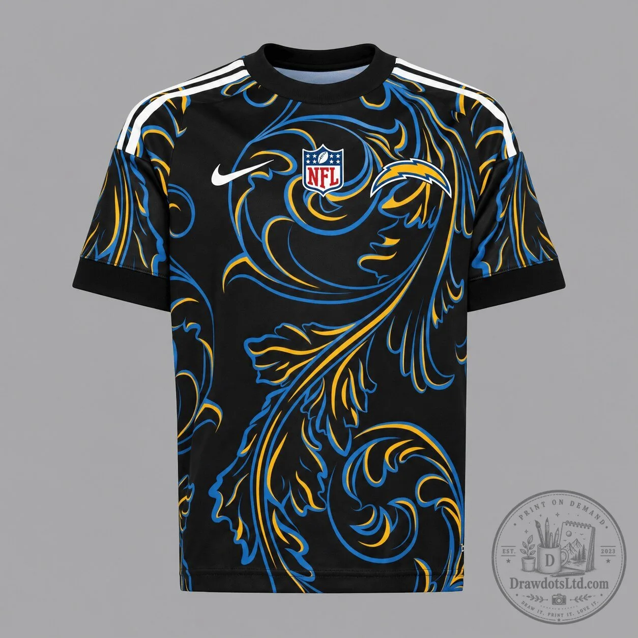Los Angeles Chargers NFL Football Team Black Baroque Pattern Short Sleeve Jersey