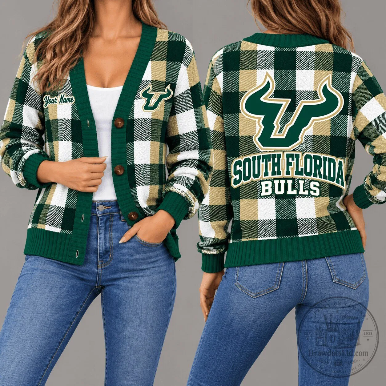 South Florida Bulls NCAA Plaid Pattern Personalized Cardigan Sweater