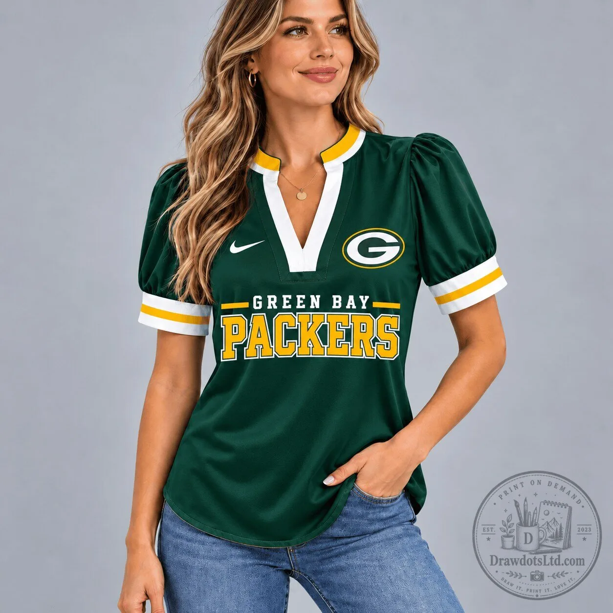 Green Bay Packers Women's V-Neck Puff Sleeve Football Shirt