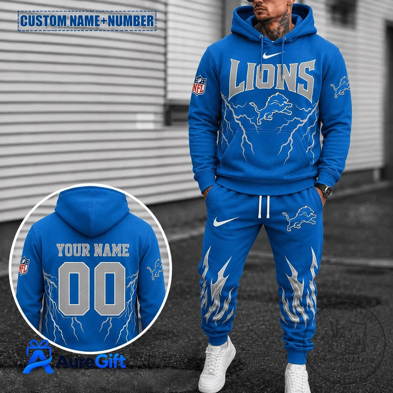 Detroit Lions NFL Football Team Blue Lightning Custom Name and Number Hoodie