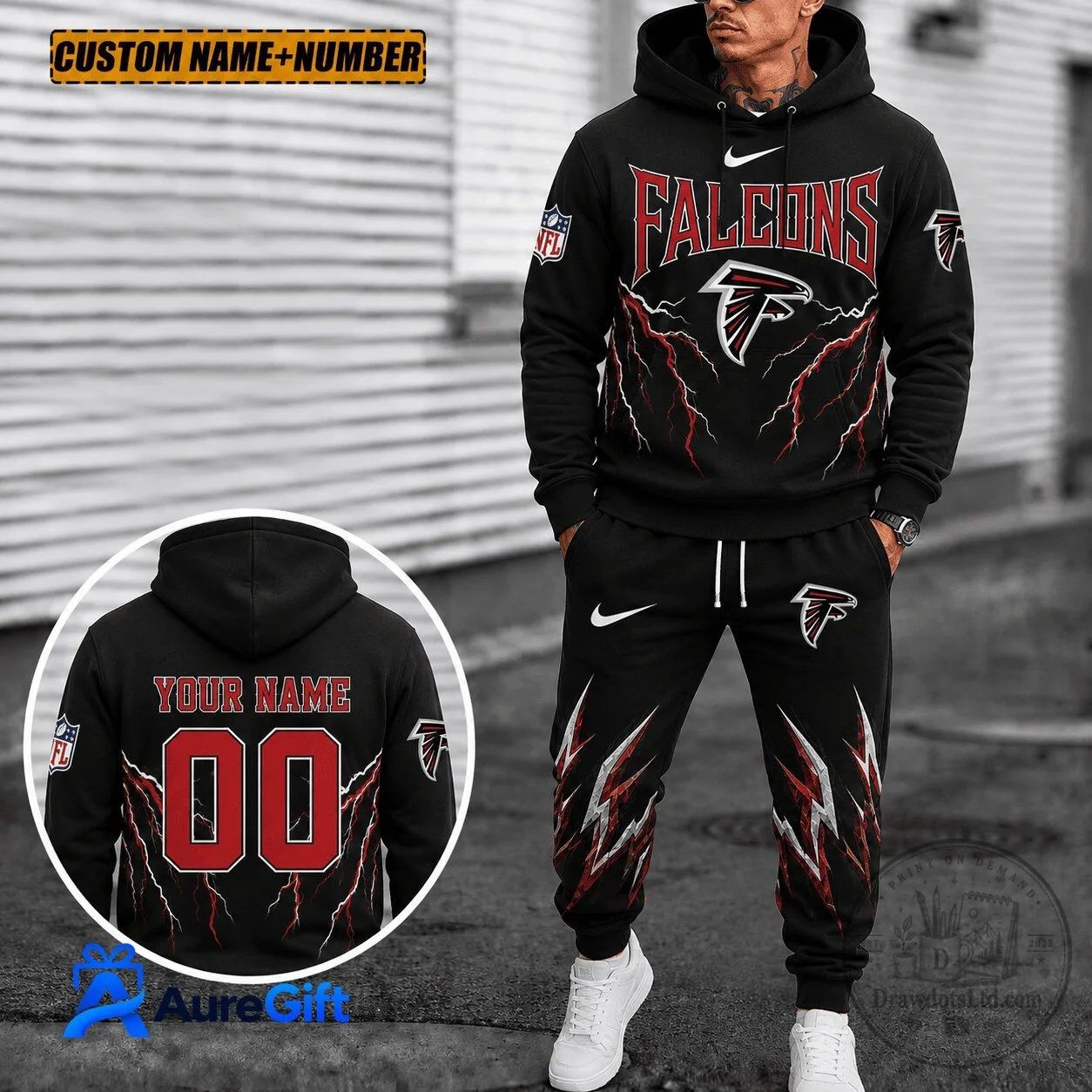 Atlanta Falcons Custom Name And Number Lightning Design Hoodie 1 Atlanta Falcons Custom Name And Number Lightning Design Hoodie