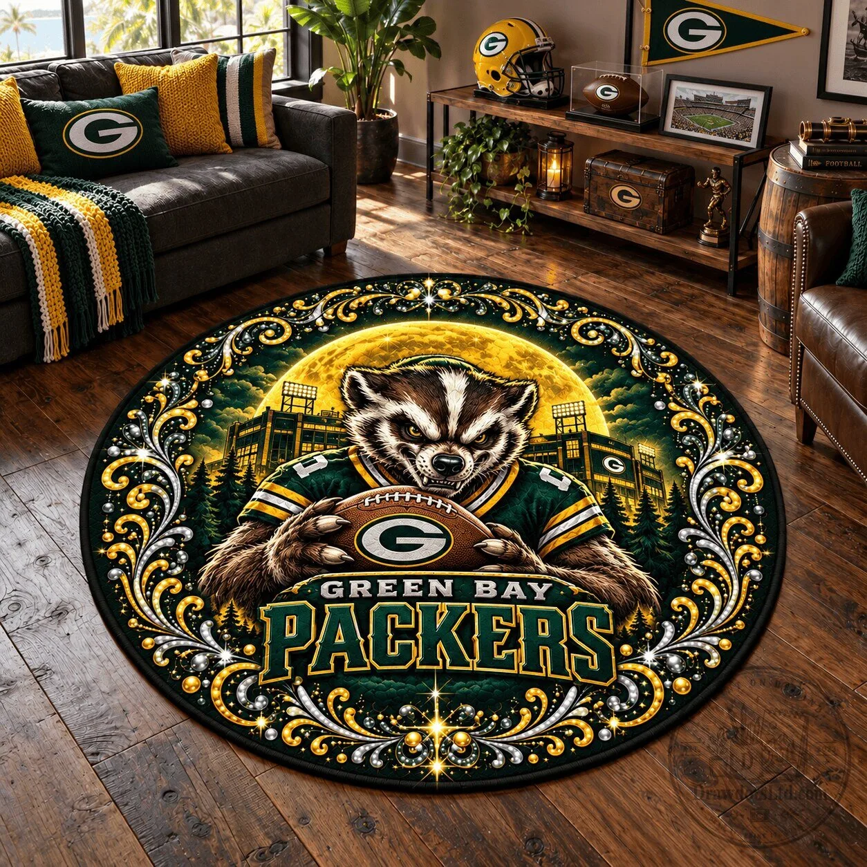 Green Bay Packers Badger Full Moon Football Game Day Round Rug