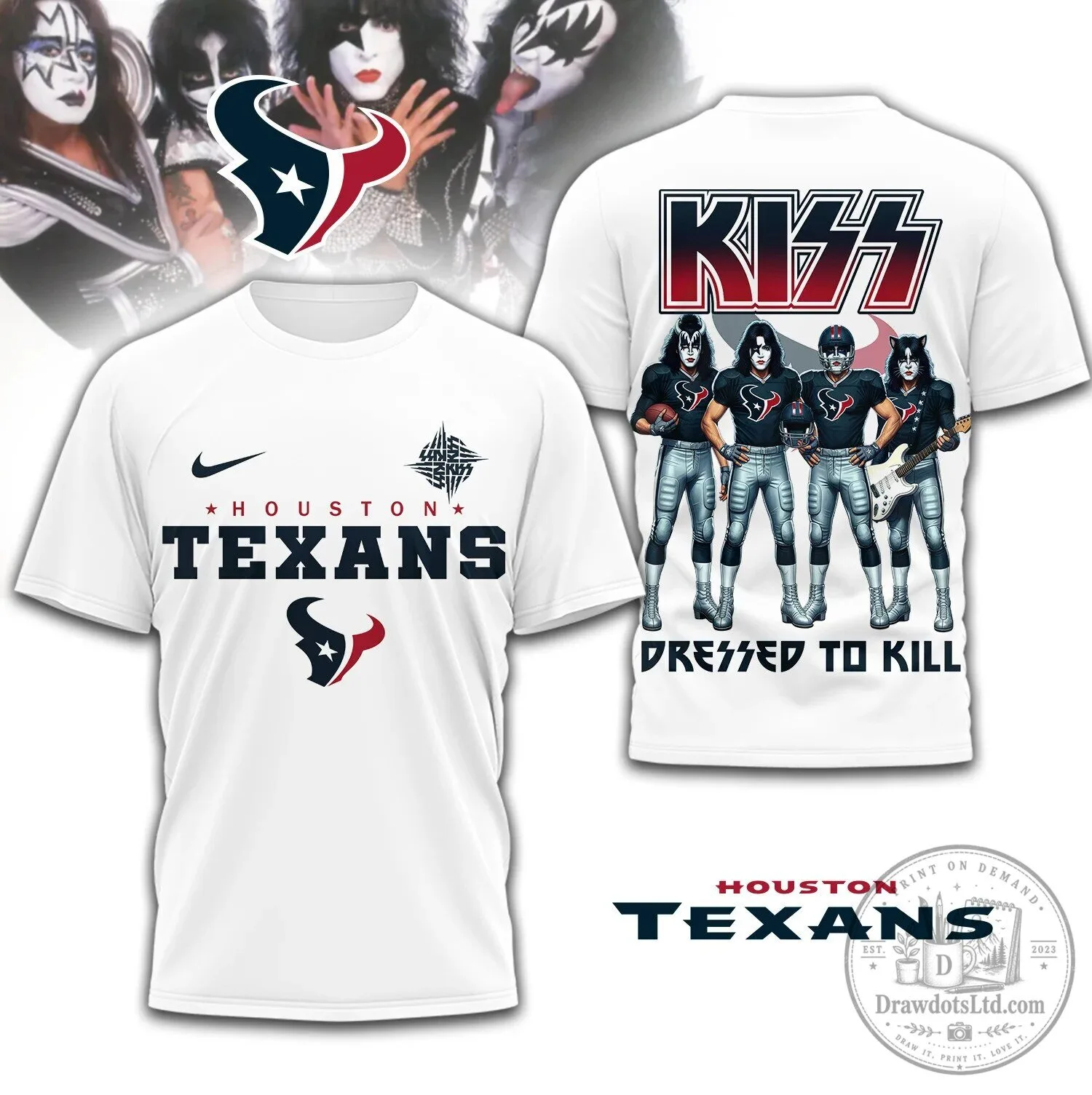 Houston Texans Kiss Band Dressed to Kill White T-Shirt