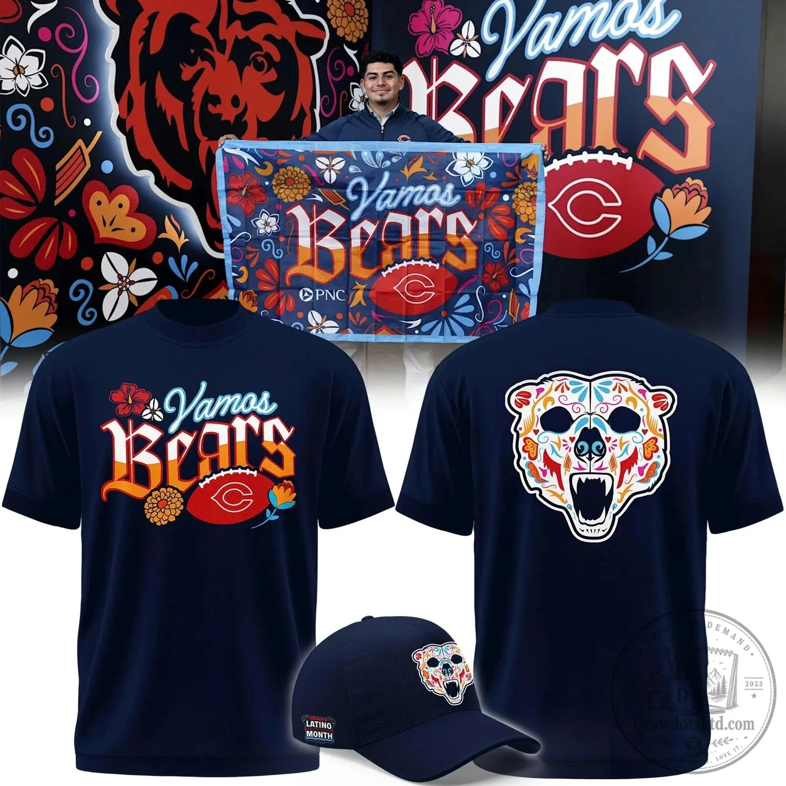 Chicago Bears Latino Heritage Month Vamos Bears Sugar Skull T-Shirt