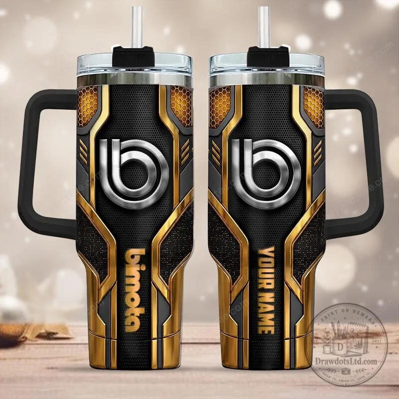 Bimota Motorcycle Logo Gold and Black Pattern Travel Tumbler with Handle