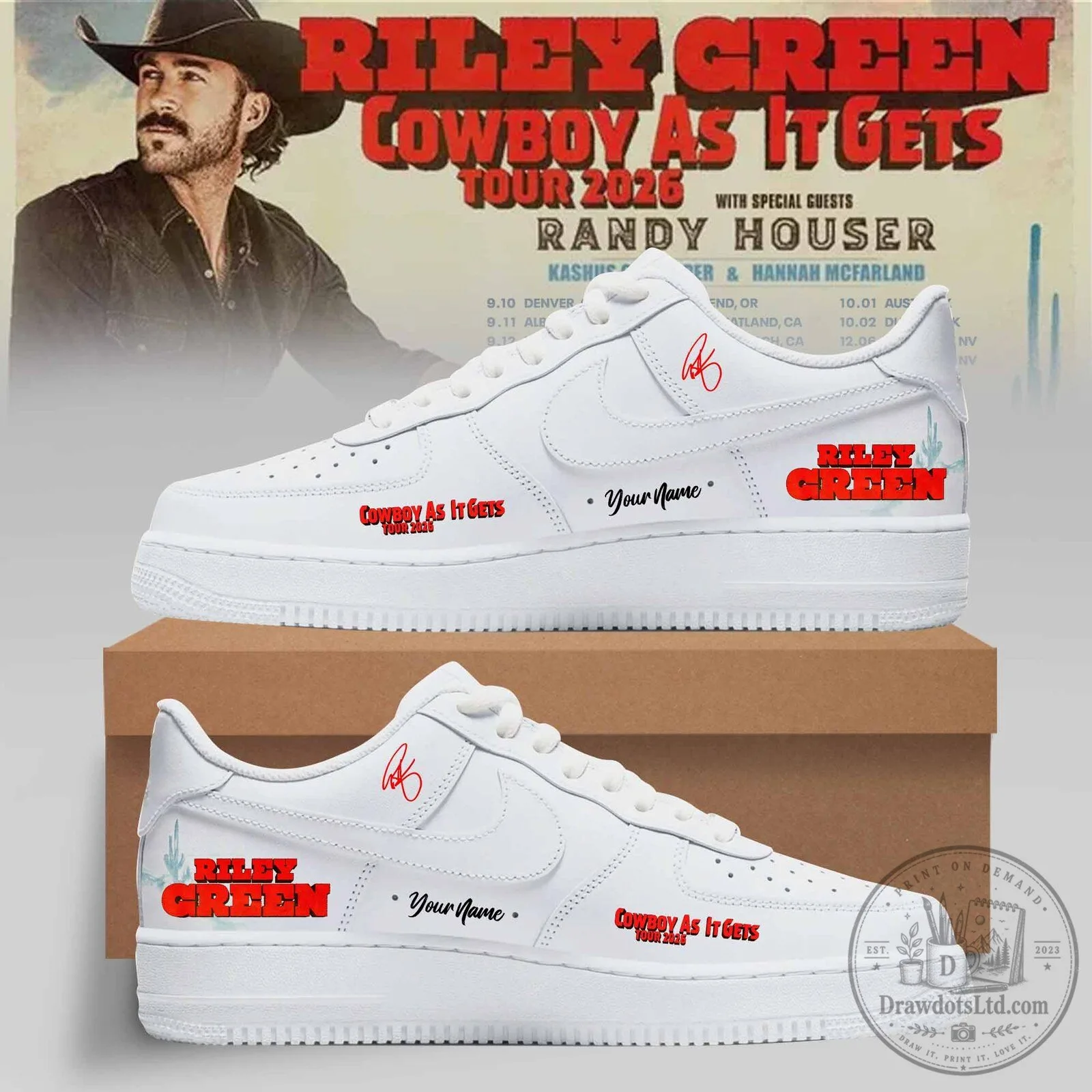 Riley Green Cowboy As It Gets Tour 2026 Personalized White Sneakers
