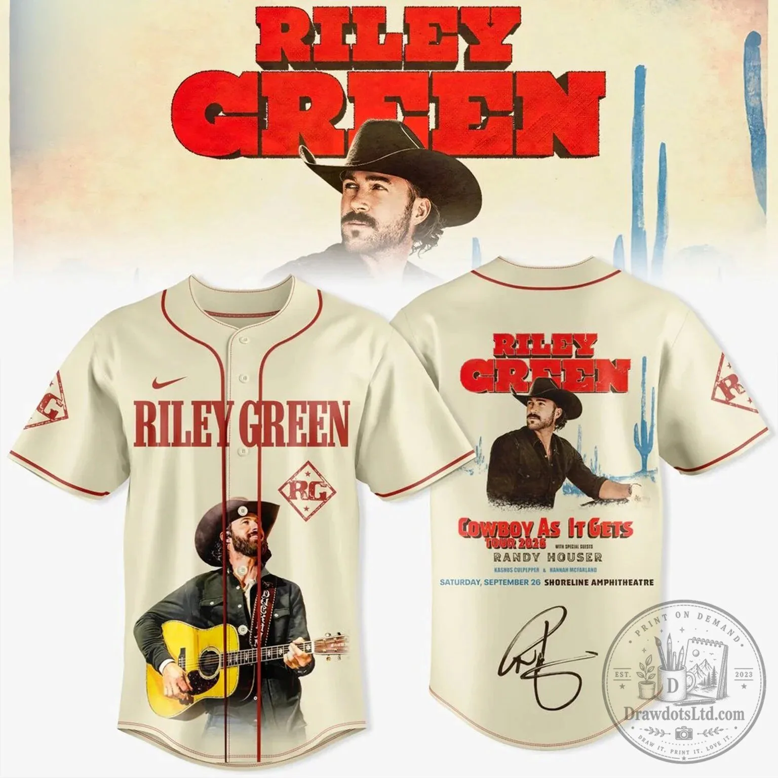 Riley Green Cowboy As It Gets Tour Baseball Jersey