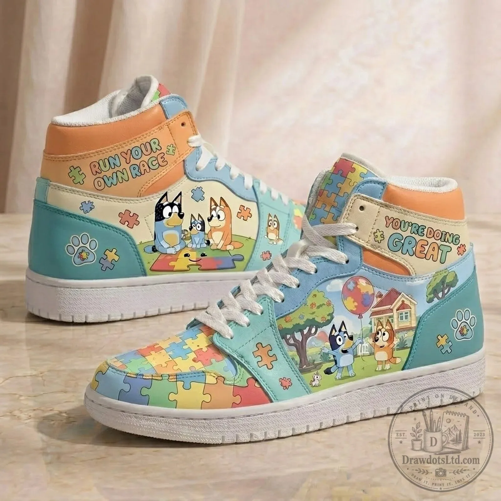 Bluey Family Autism Awareness High-Top Sneakers - Run Your Own Race Shoes
