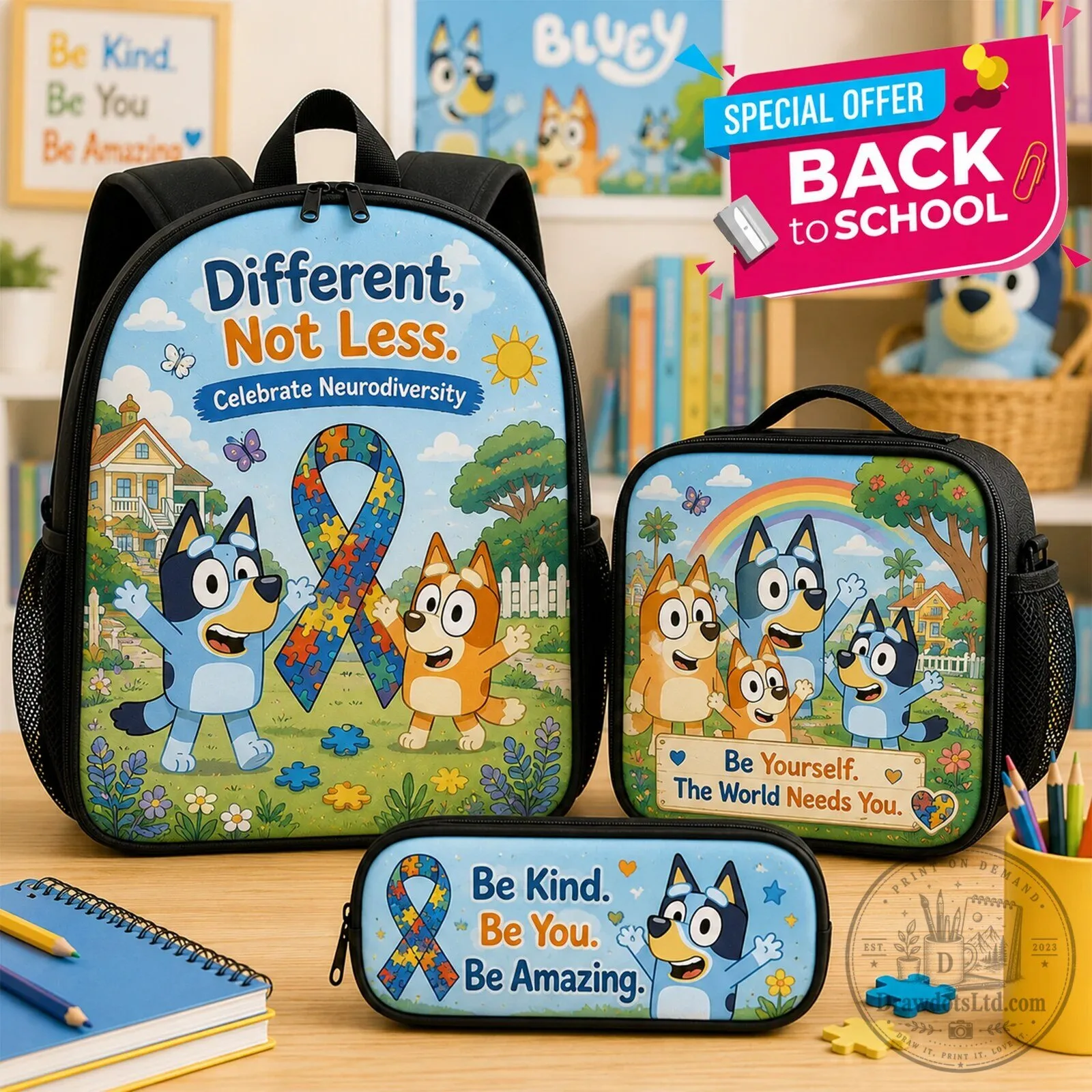Bluey Celebrate Neurodiversity Different Not Less Backpack Lunch Bag Pencil Case Set