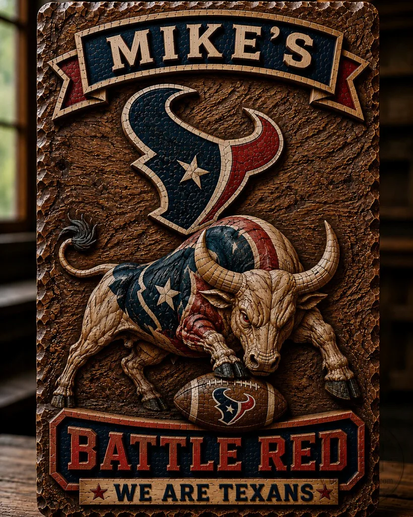 Houston Texans Battle Red Bull Wood Carved Wall Art Sign