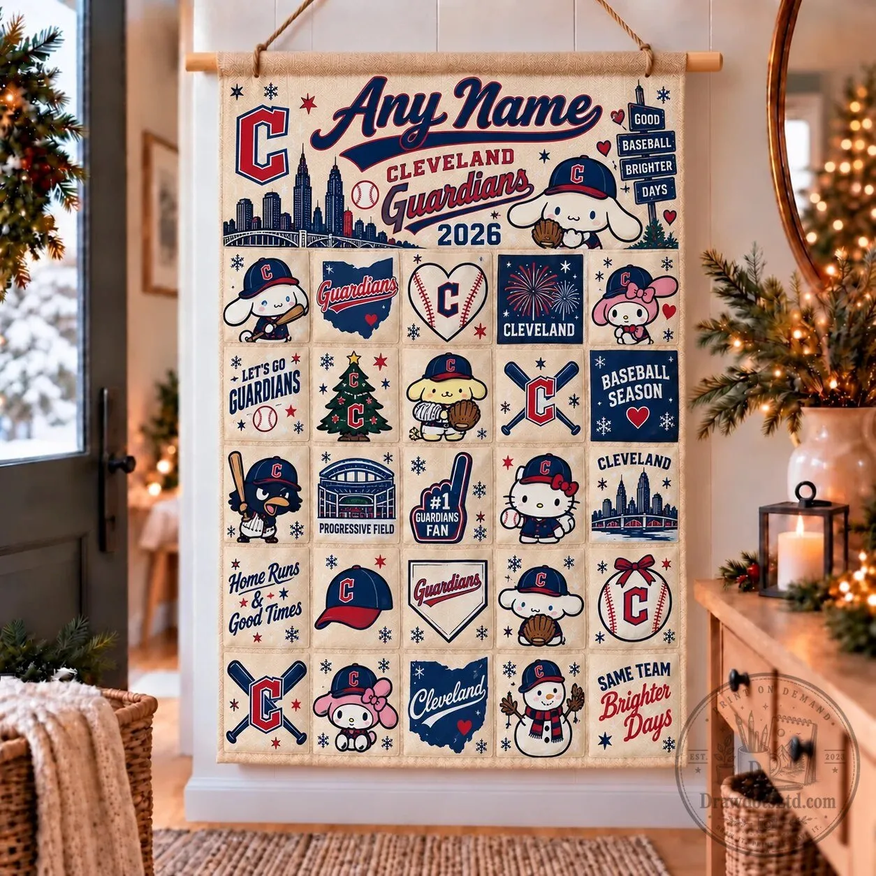 Cleveland Guardians Baseball Christmas Wall Hanging Tapestry Banner with Sanrio Characters