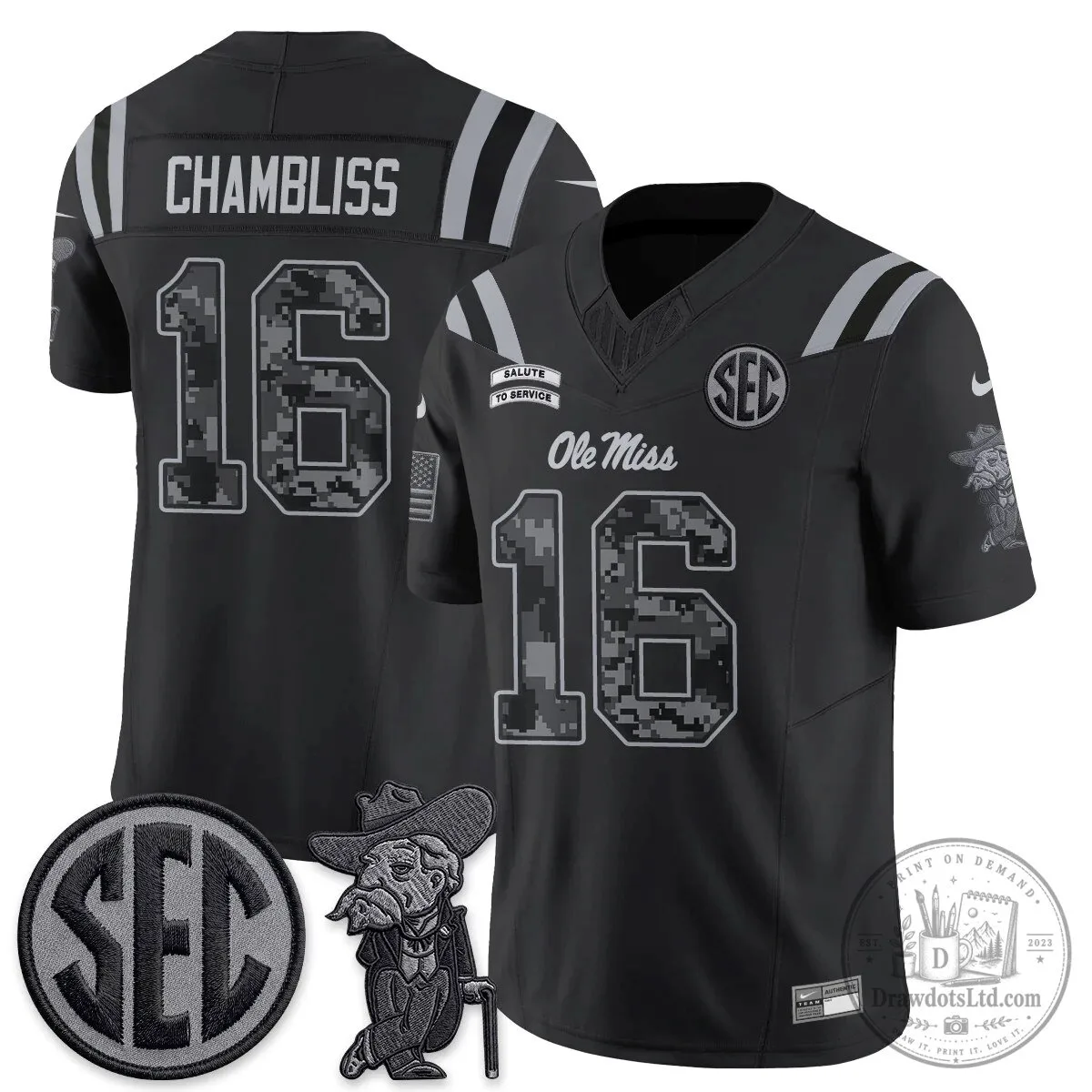 Ole Miss Rebels Salute To Service Chambliss Number 16 Football Jersey