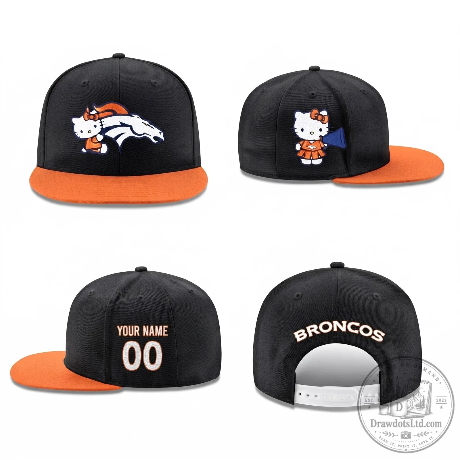 Denver Broncos Hello Kitty Personalized Black and Orange Snapback Cap Hat