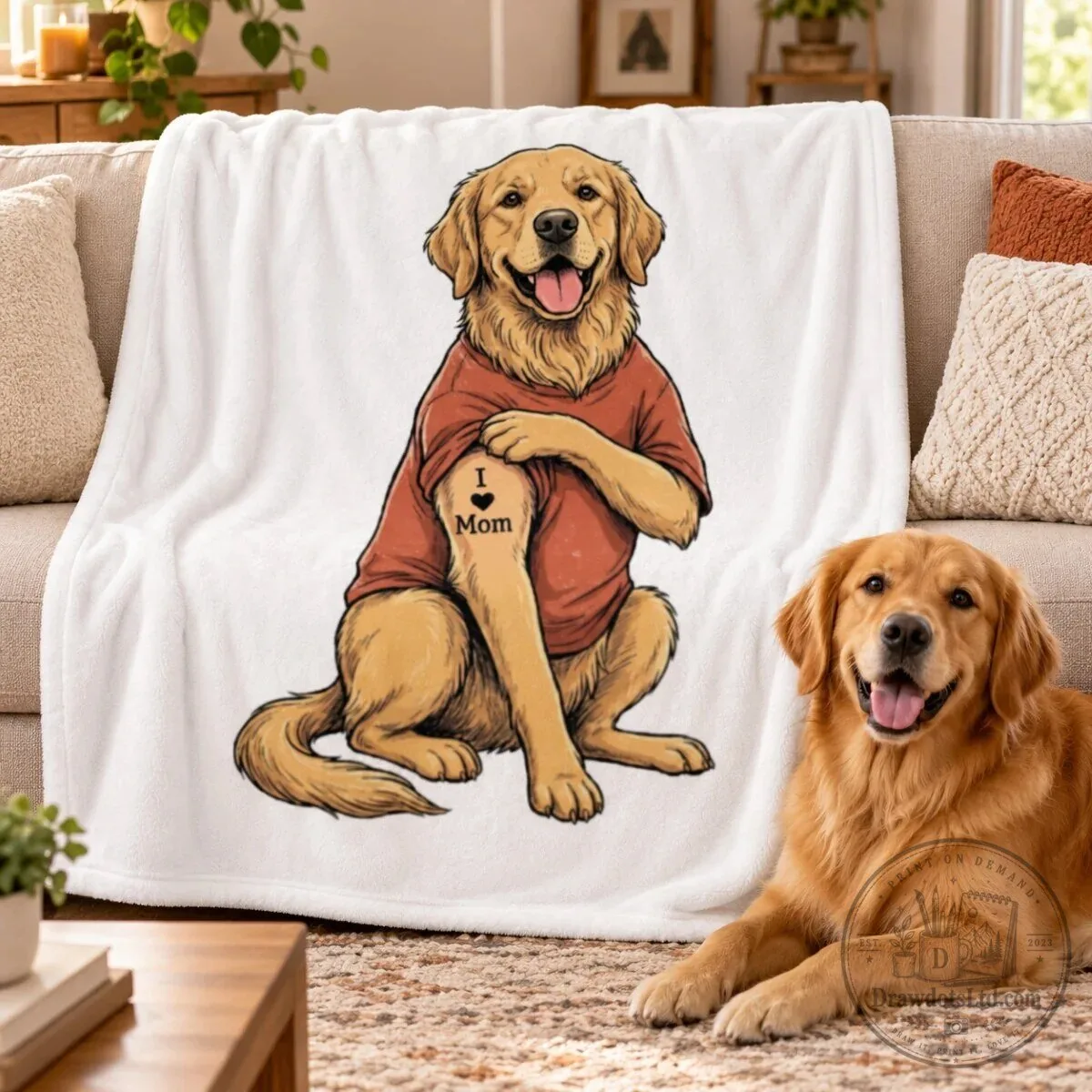 Golden Retriever Dog Wearing I Love Mom Tattoo T-Shirt Fleece Blanket