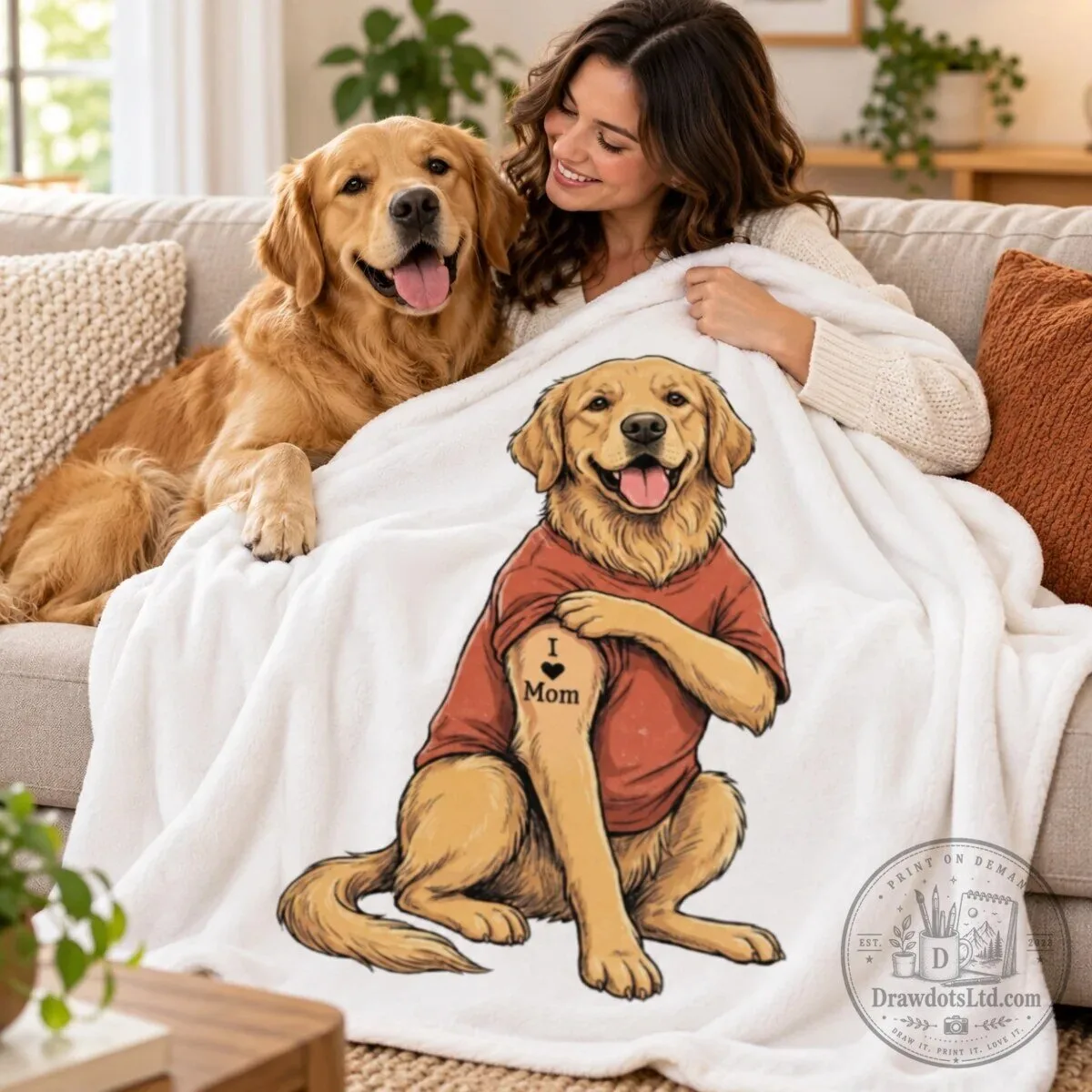 Golden Retriever Dog Wearing I Love Mom Tattoo T-Shirt Fleece Blanket 12 Golden Retriever Dog Wearing I Love Mom Tattoo T-Shirt Fleece Blanket