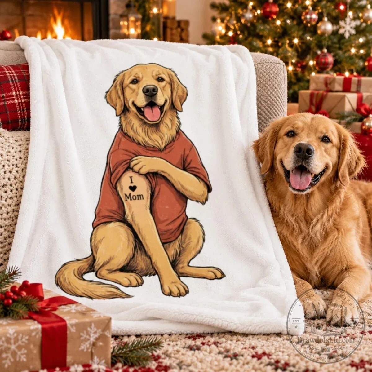 Golden Retriever Dog Wearing I Love Mom Tattoo T-Shirt Fleece Blanket 13 Golden Retriever Dog Wearing I Love Mom Tattoo T-Shirt Fleece Blanket
