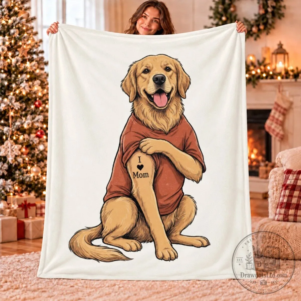 Golden Retriever Dog Wearing I Love Mom Tattoo T-Shirt Fleece Blanket 14 Golden Retriever Dog Wearing I Love Mom Tattoo T-Shirt Fleece Blanket