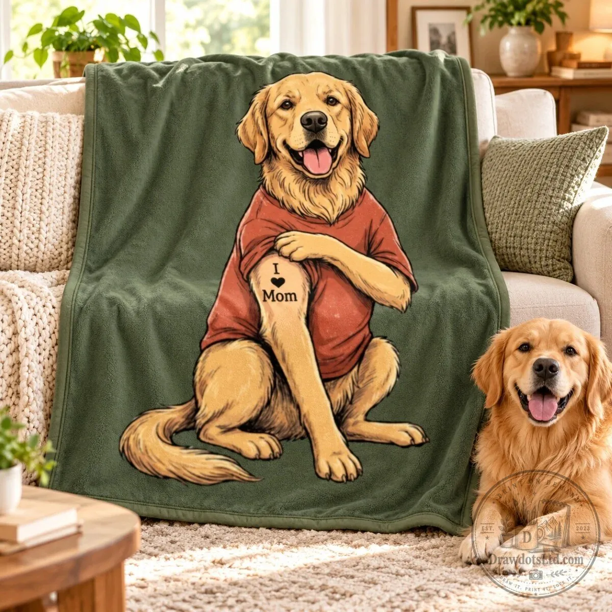 Golden Retriever Dog Wearing I Love Mom Tattoo T-Shirt Fleece Blanket 16 Golden Retriever Dog Wearing I Love Mom Tattoo T-Shirt Fleece Blanket