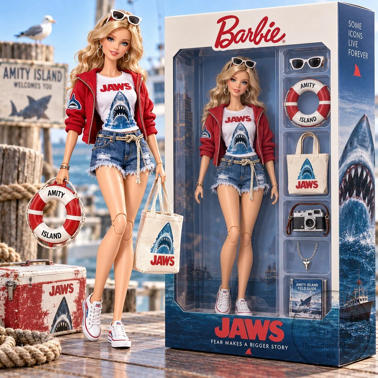 Jaws Barbie Doll with Amity Island Accessories and Great White Shark Theme