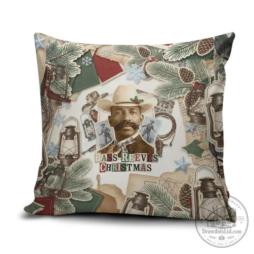 Bass Reeves Christmas Old West Marshal Frontier Collage Vintage Holiday Pillow