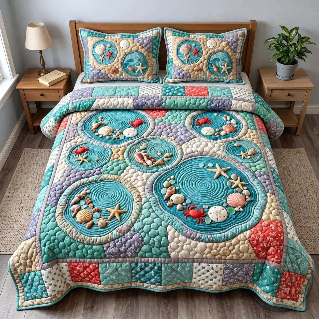 Seaside Tide Pools Ocean Life Quilted Bedding Set with Pillow Shams