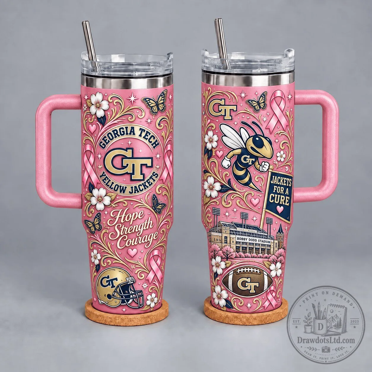 Georgia Tech Yellow Jackets Breast Cancer Awareness Pink Tumbler with Handle