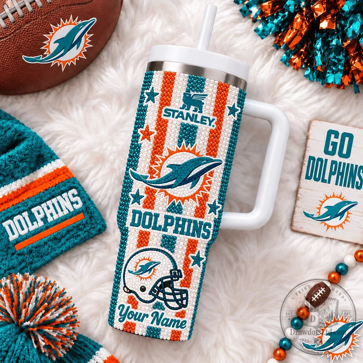 Miami Dolphins NFL Diamond Pattern Stanley Tumbler with Custom Name