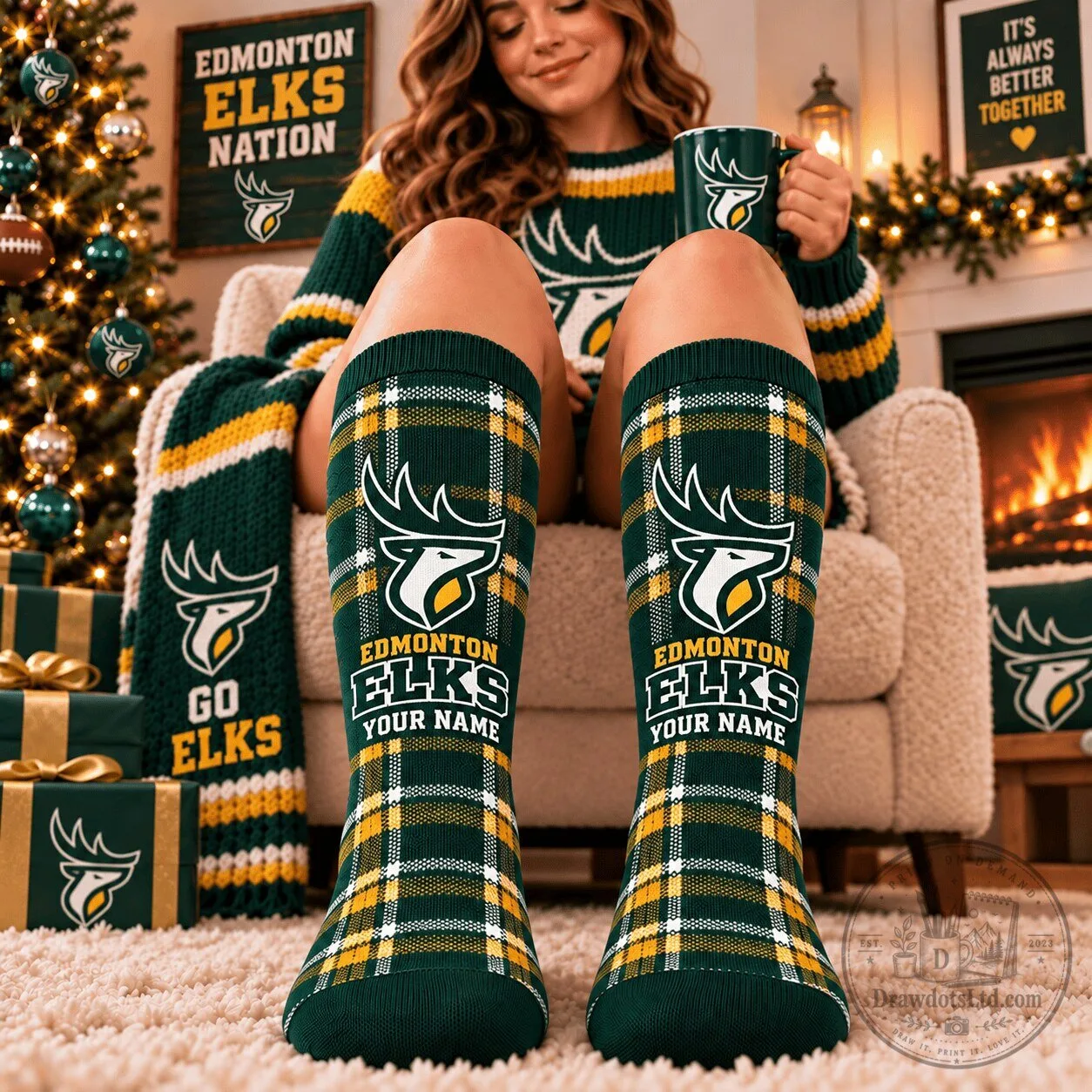 Edmonton Elks Football Team Plaid Custom Name Crew Socks for Canadian Football League Fans