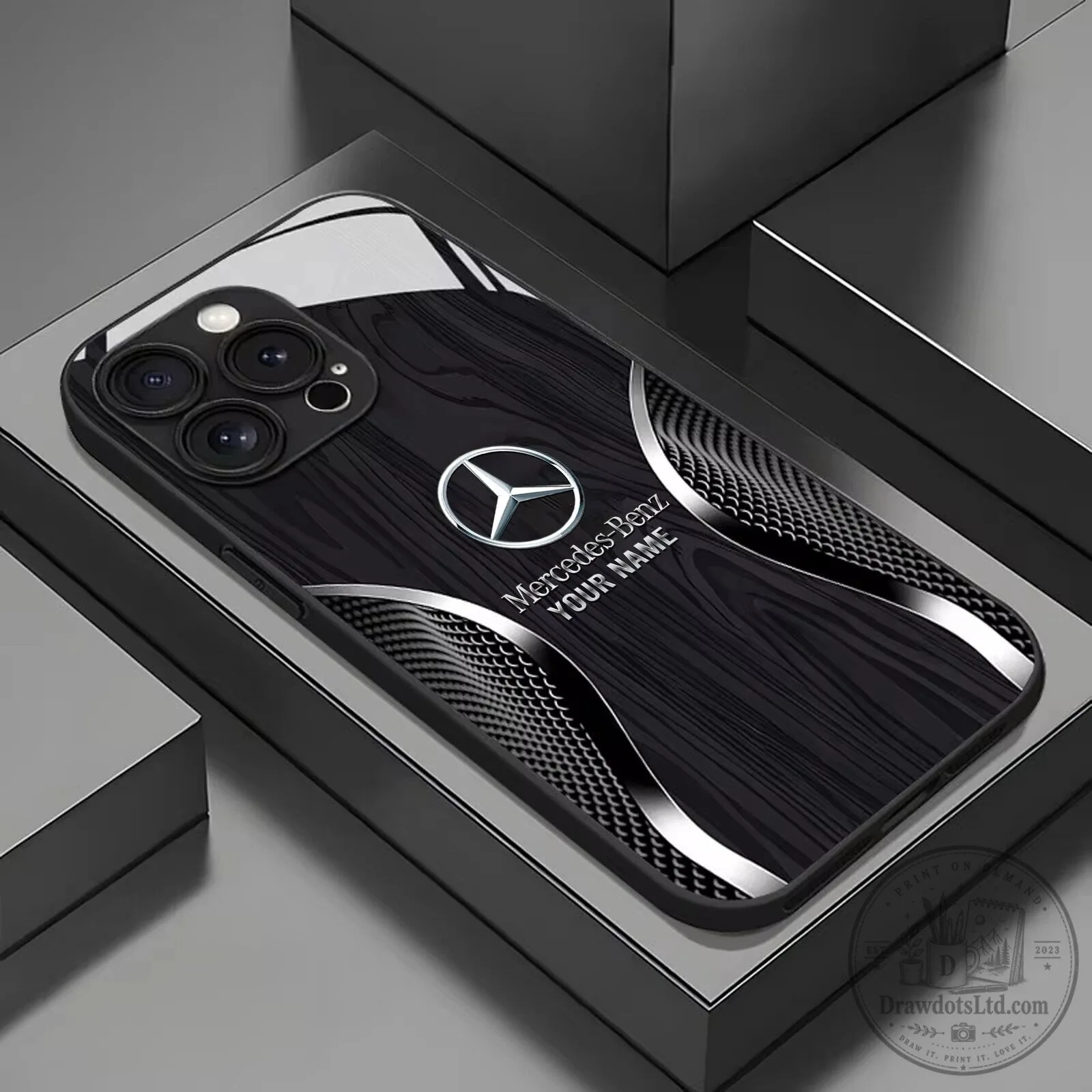 Mercedes-Benz Custom Name Black Wood Grain Pattern Phone Case for All Phone Models