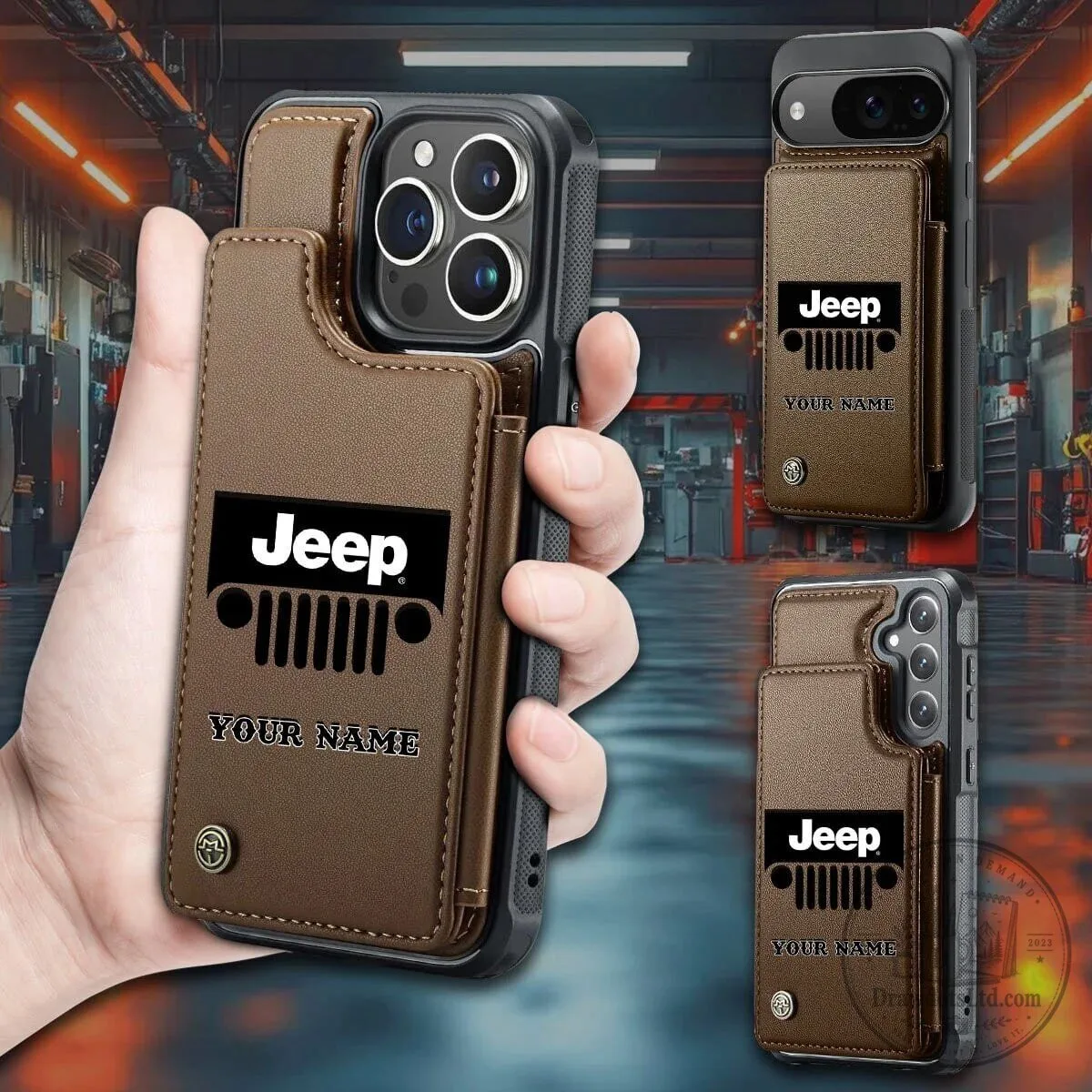 Jeep Custom Name Brown Leather Wallet Phone Case