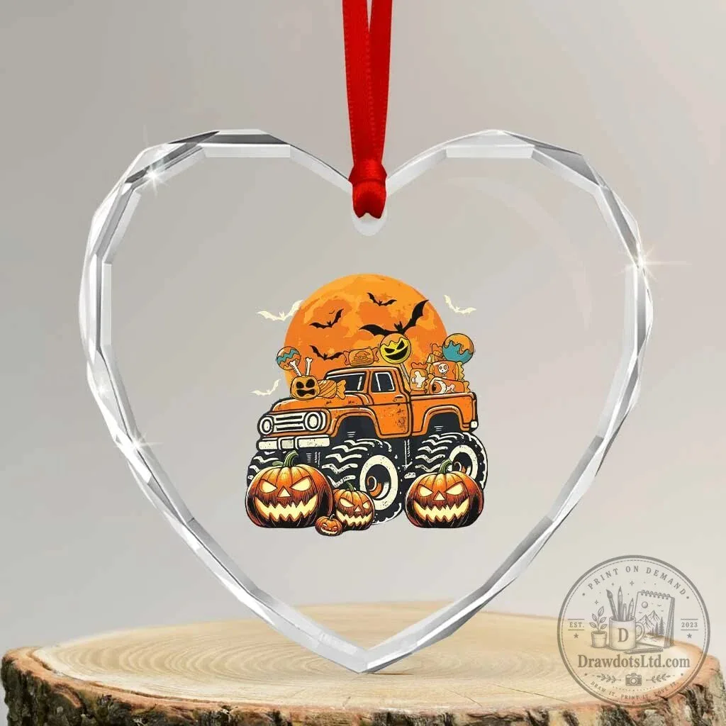 Funny Halloween Monster Truck Candy Trick Or Treat Heart Crystal Glass Ornament