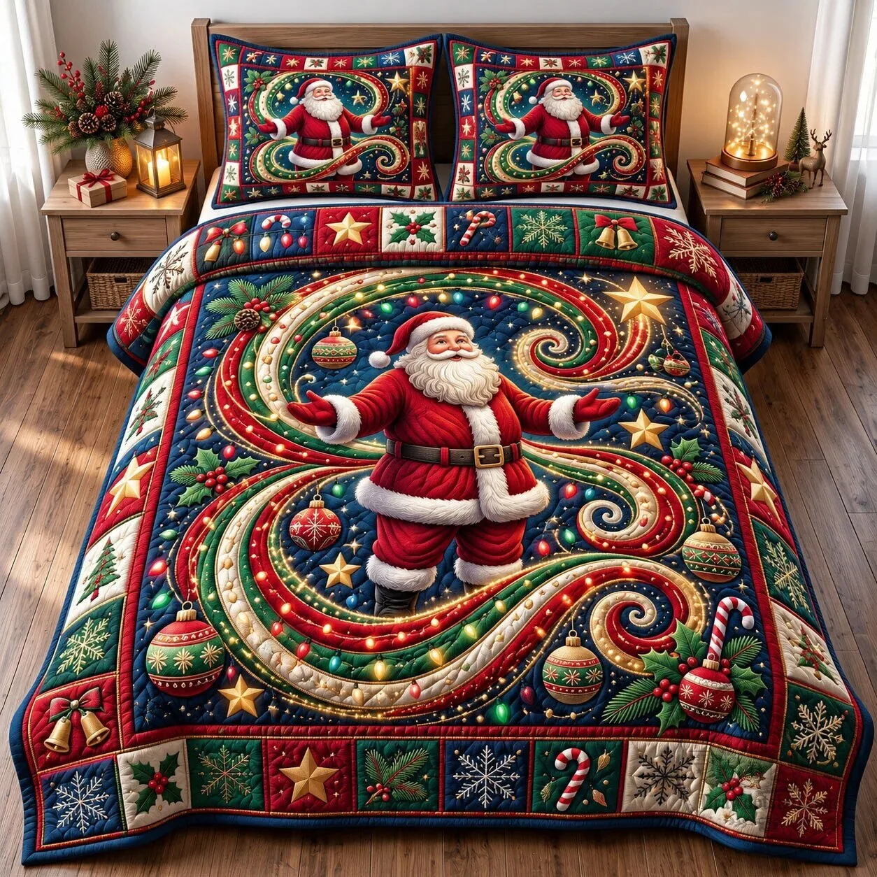Santa Claus Christmas Holiday Quilted Bedding Set