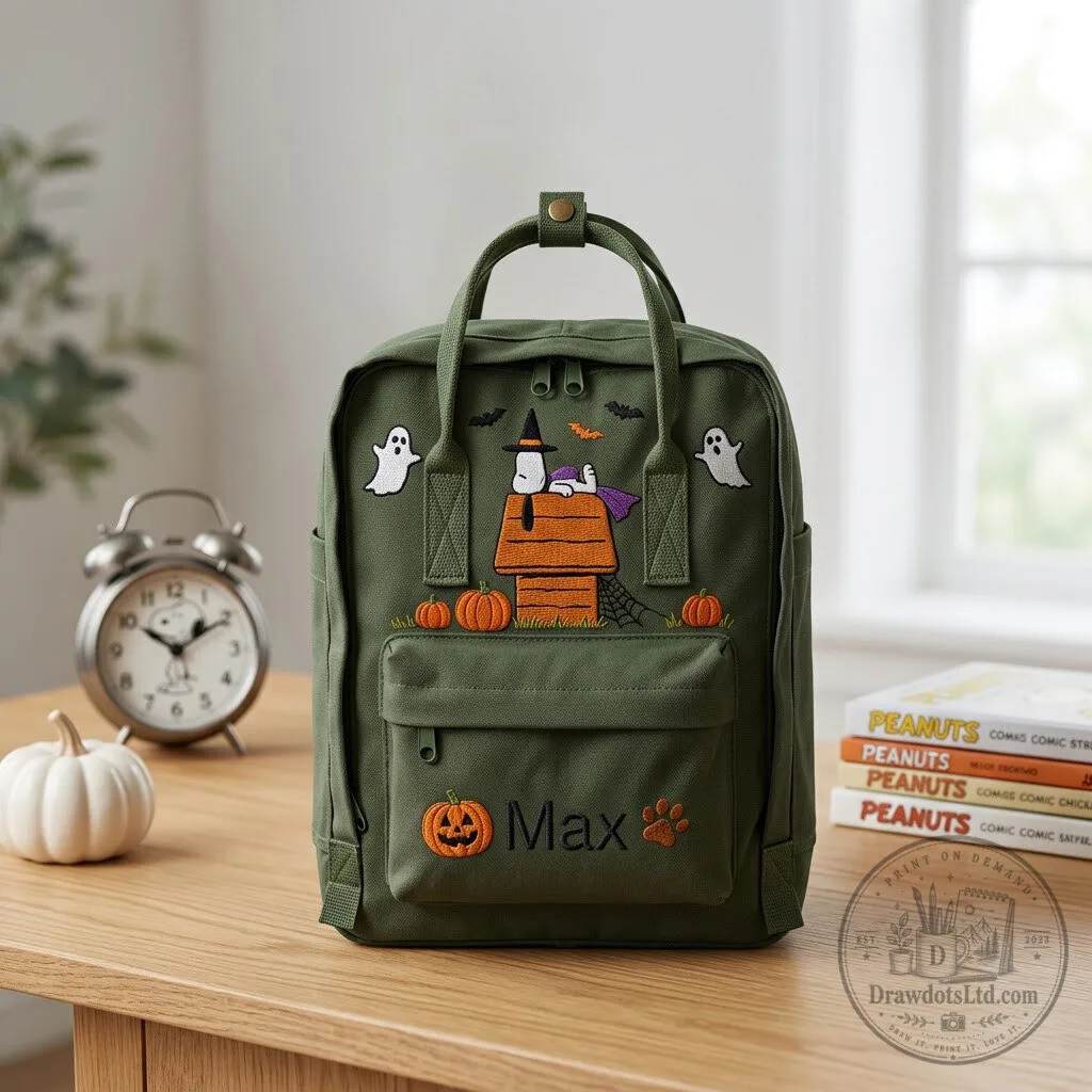 Snoopy Halloween Embroidered Backpack with Personalized Name and Ghost Design