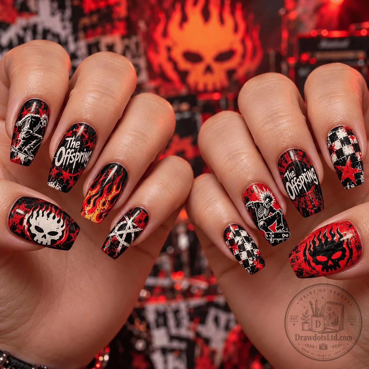 The Offspring Flaming Skull Checkered Press-On Nails Set