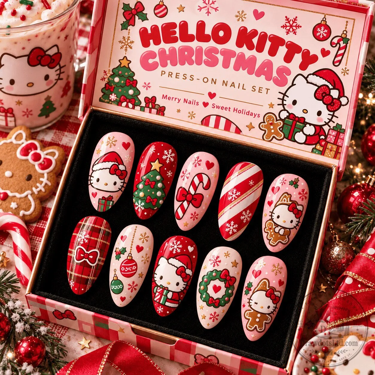 Hello Kitty Christmas Candy Cane Gingerbread Press-On Nails Set