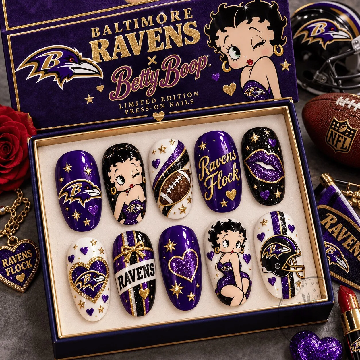 Baltimore Ravens Betty Boop Glamorous Football Fan Press-On Nails Set