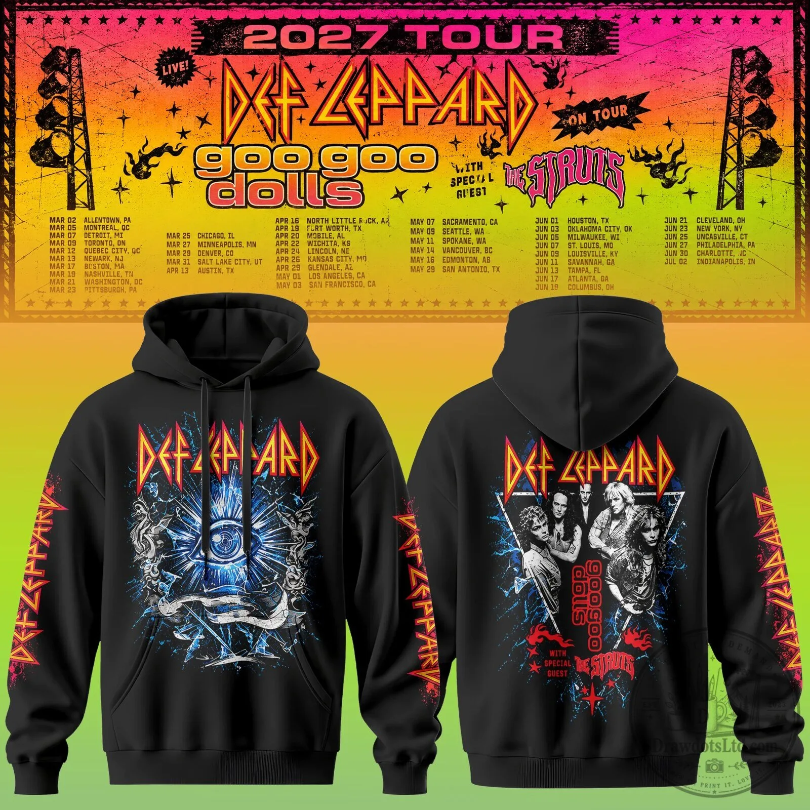 Def Leppard 2027 Tour Retro Rock Band Hoodie