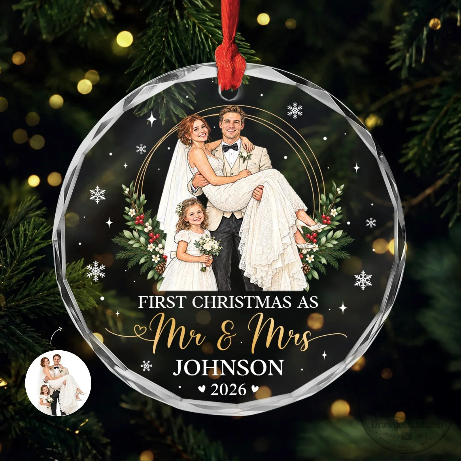 First Christmas As Mr and Mrs Johnson Personalized Round Glass Ornament