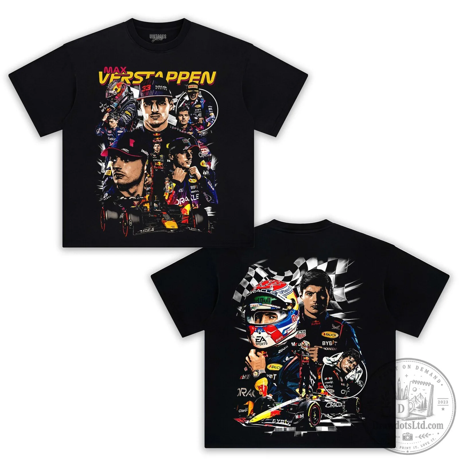 Black Graphic T-Shirt Featuring Max Verstappen, Formula One Racing Star