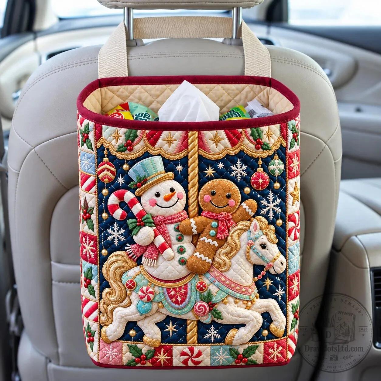 Gingerbread Christmas Carousel Quilted Car Organizer Basket
