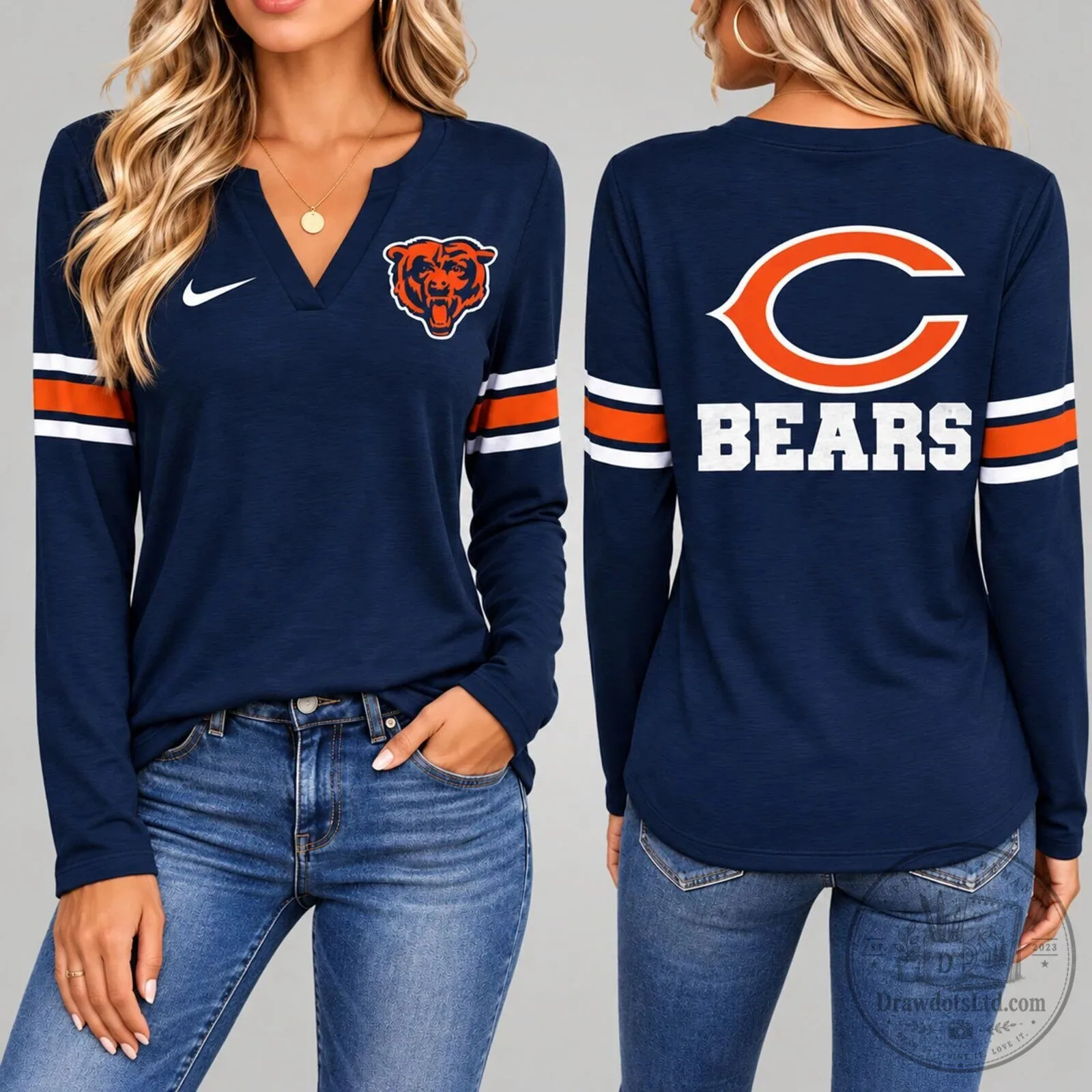 Chicago Bears NFL Women's Navy Blue V-Neck Long Sleeve Shirt