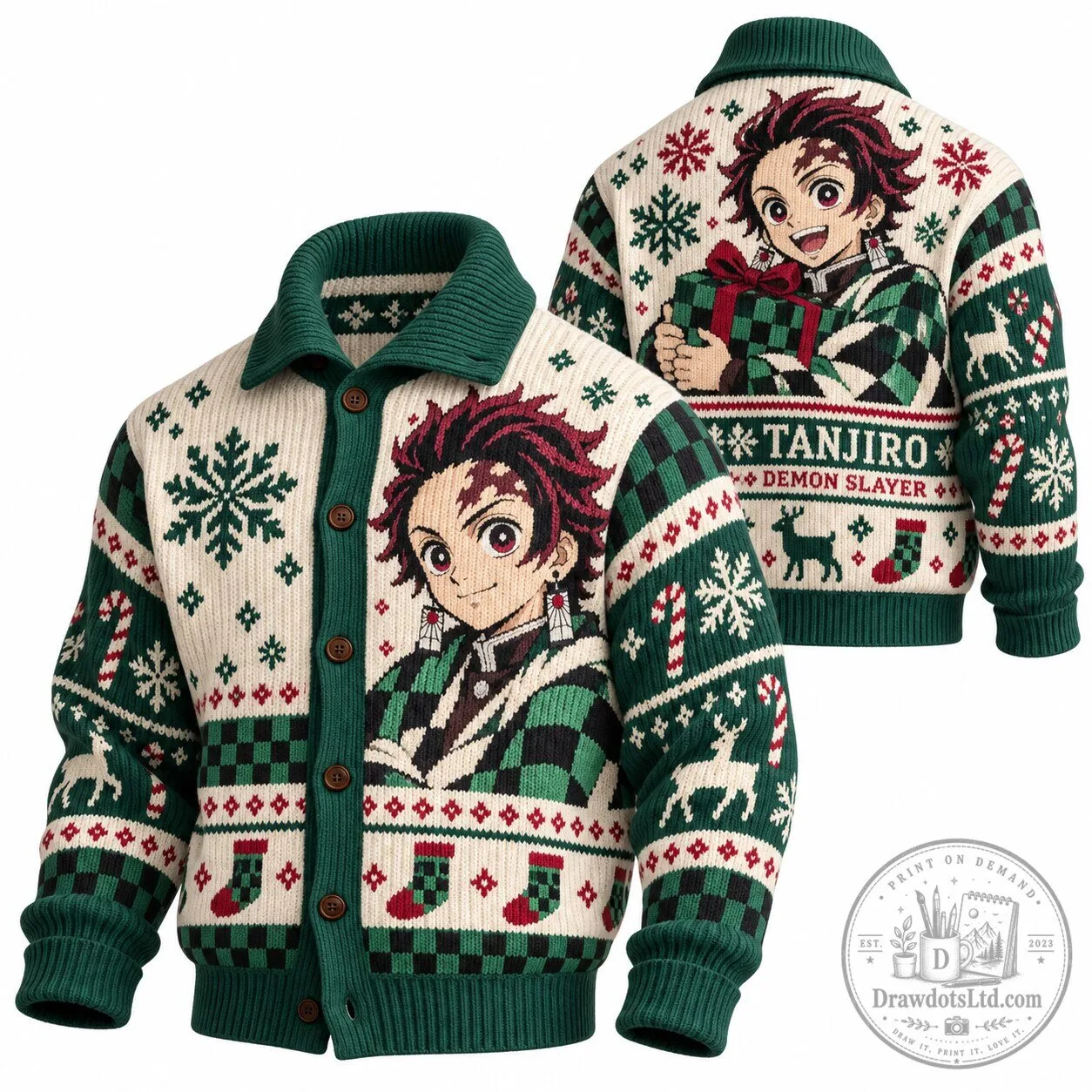 Demon Slayer Tanjiro Kamado Anime Christmas Holiday Knit Cardigan Sweater