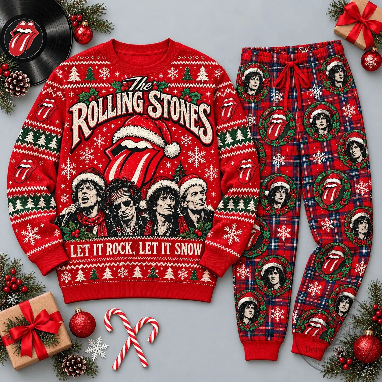 The Rolling Stones Christmas Rock and Snow Red Festive Holiday Sweatshirt